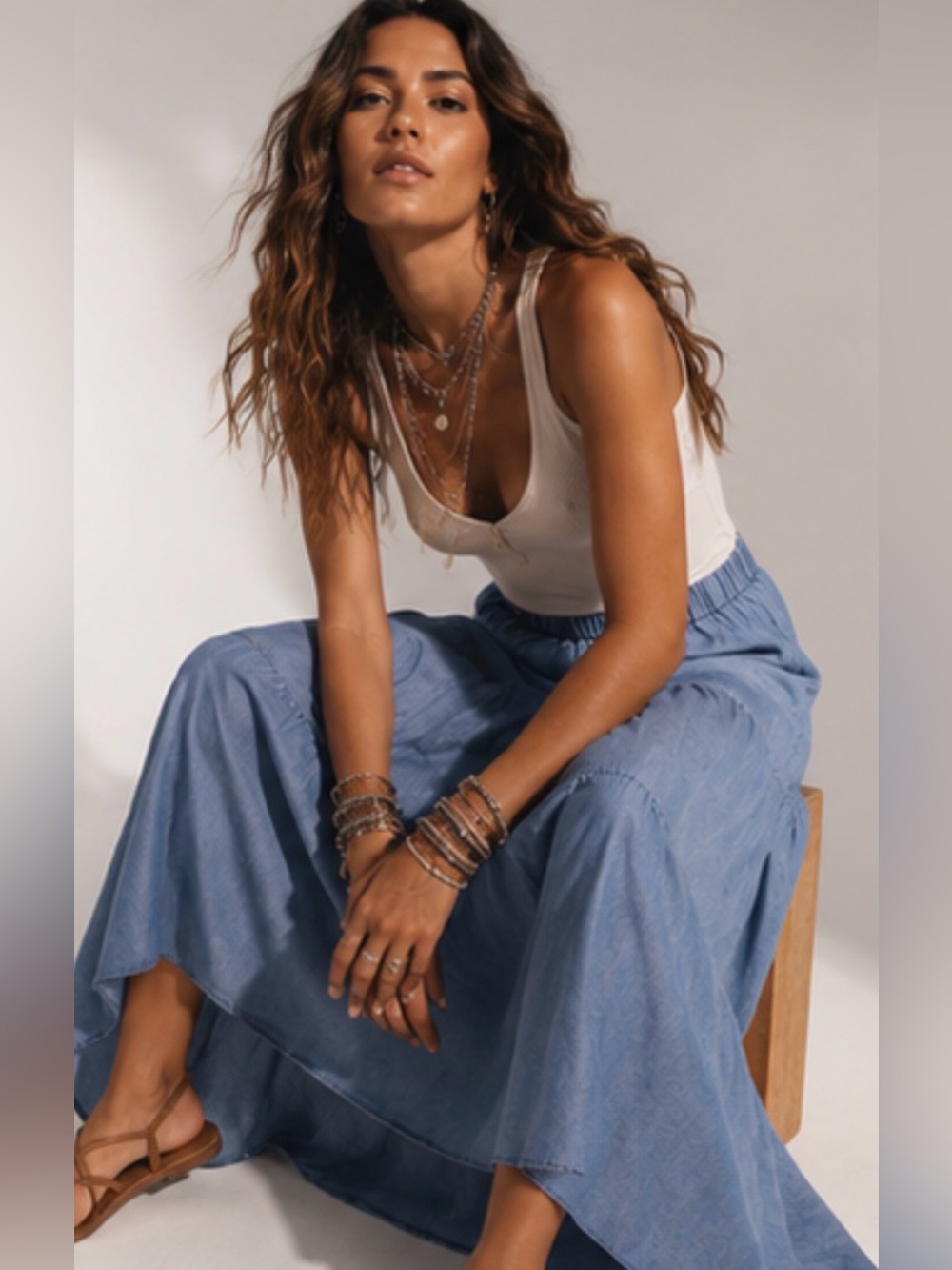 Tiered Chambray Medium Blue Midi Skirt - Picture 8 of 16
